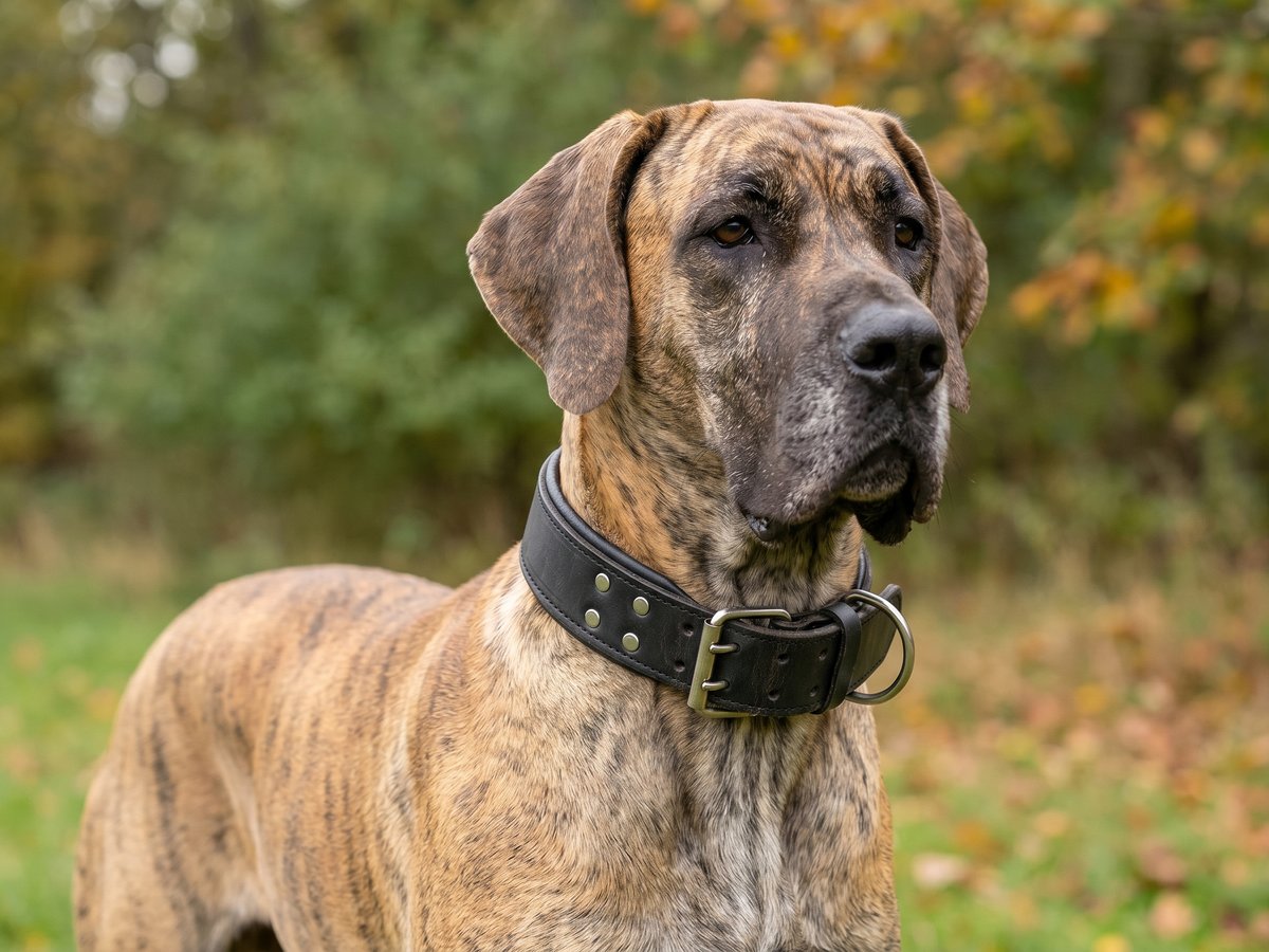 Heavy-duty padded leather collar on a Great Dane
