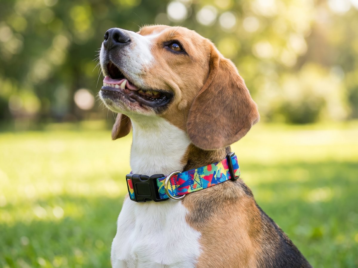 Printed polyester collar on a Beagle