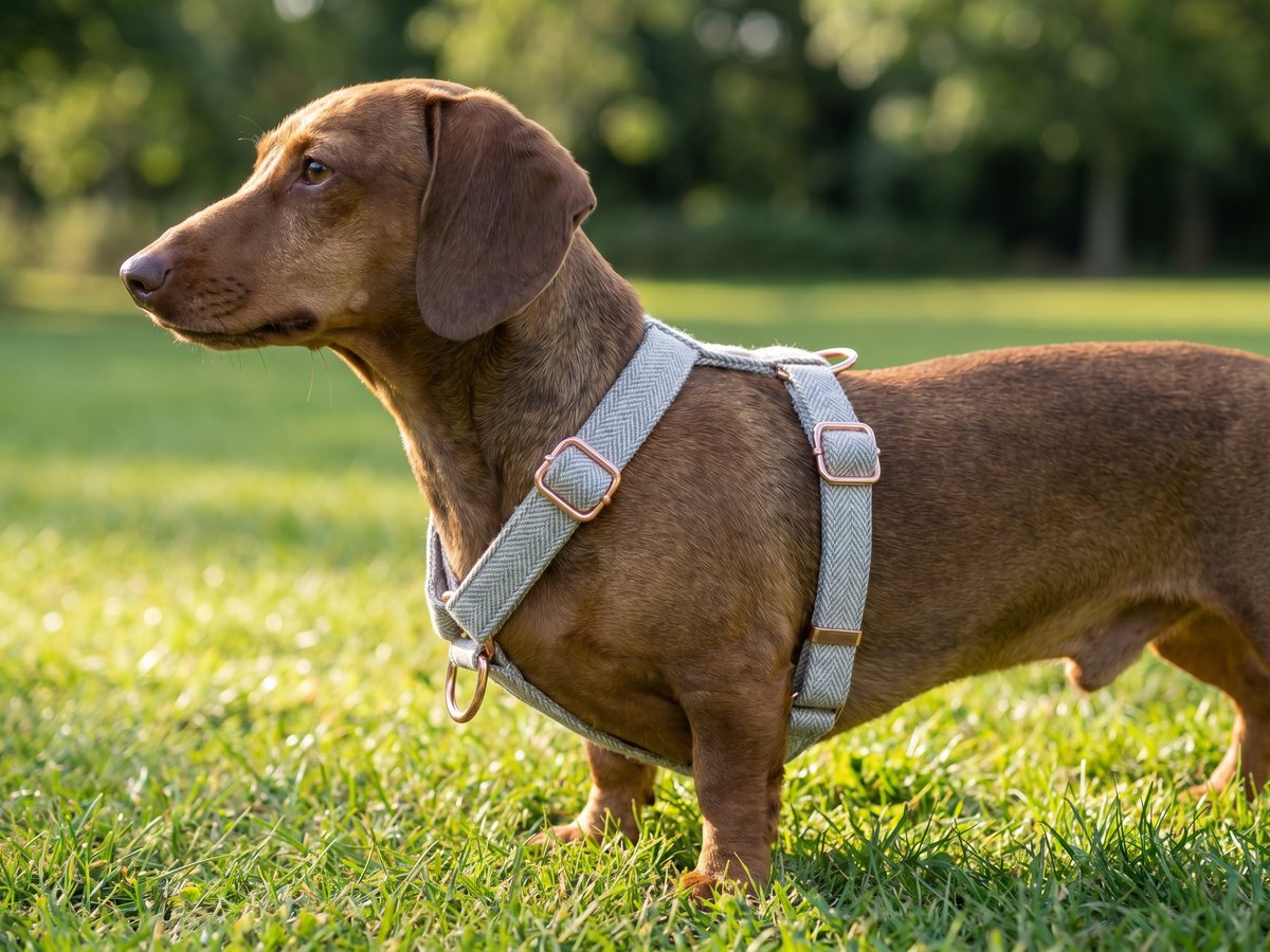 Herringbone front D-ring harness on a Dachshund