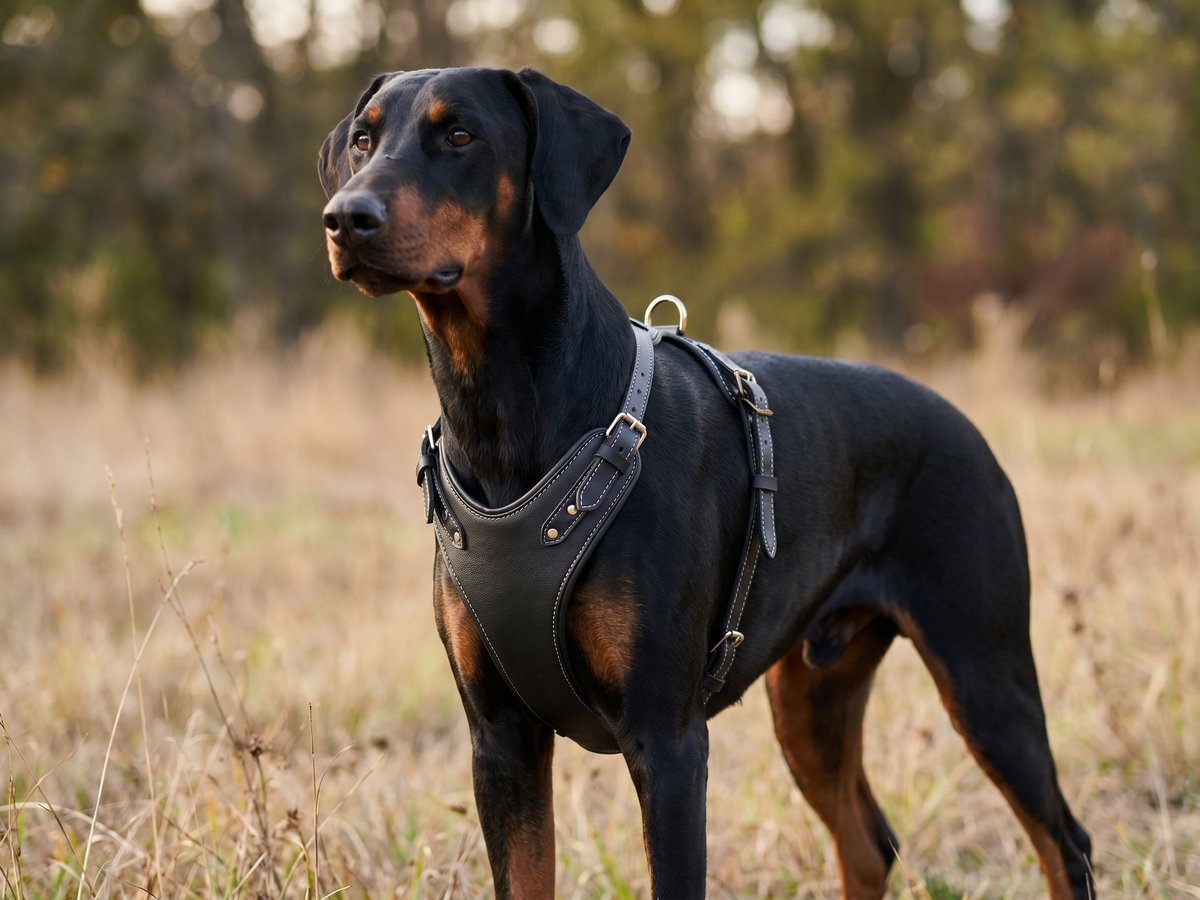 PU leather harness on a Doberman