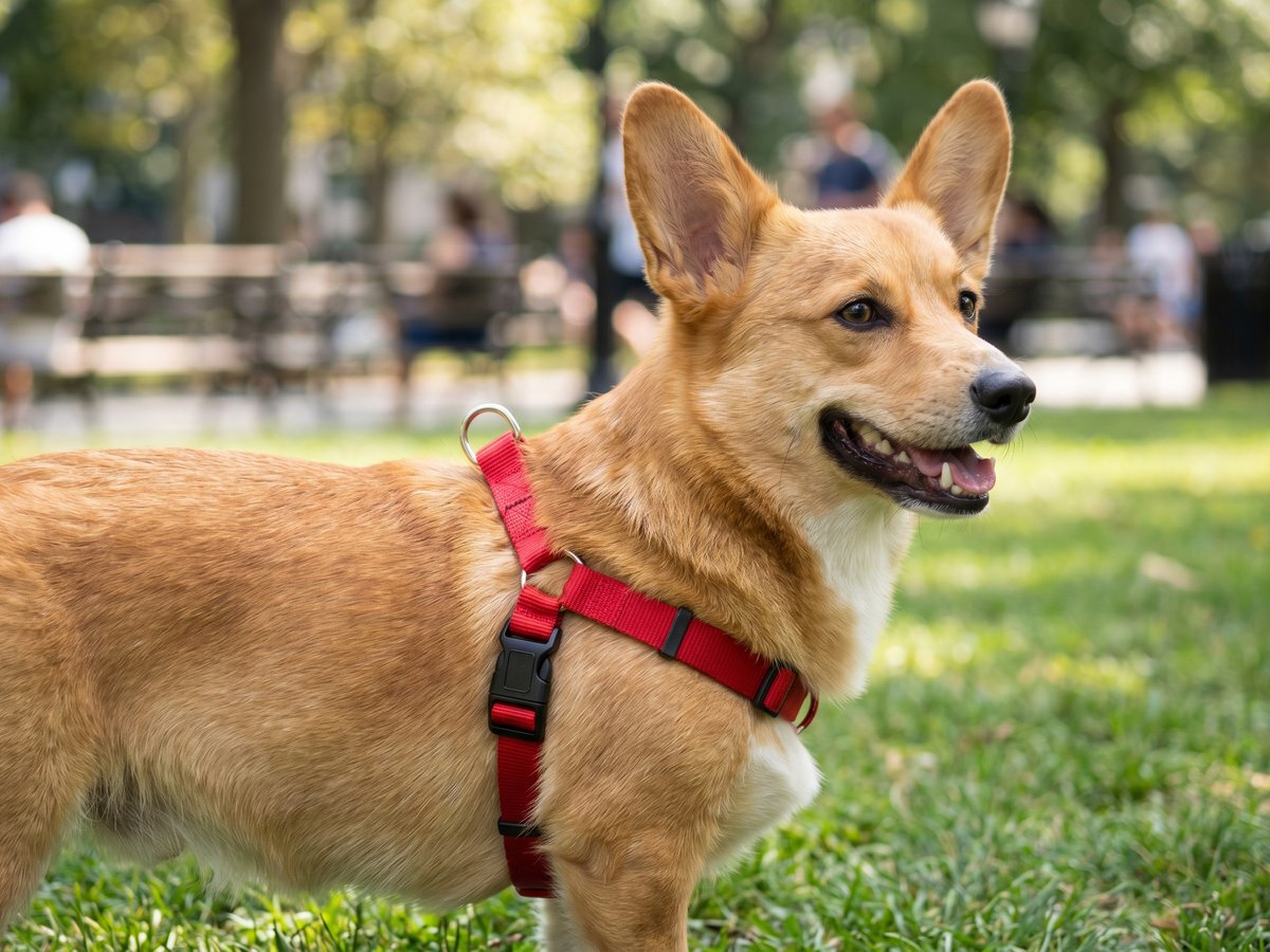 Red nylon step-in harness on a Corgi
