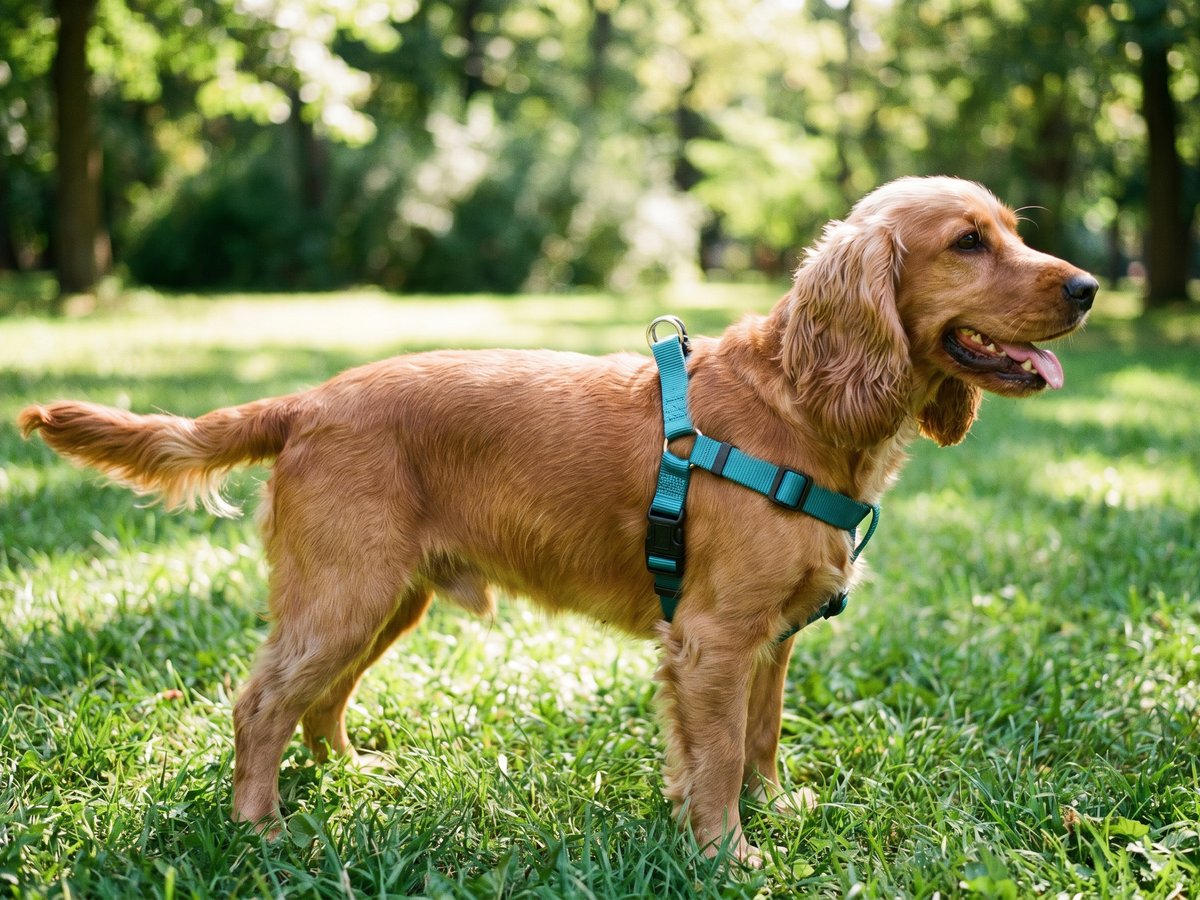 Nylon H-harness on a Cocker Spaniel