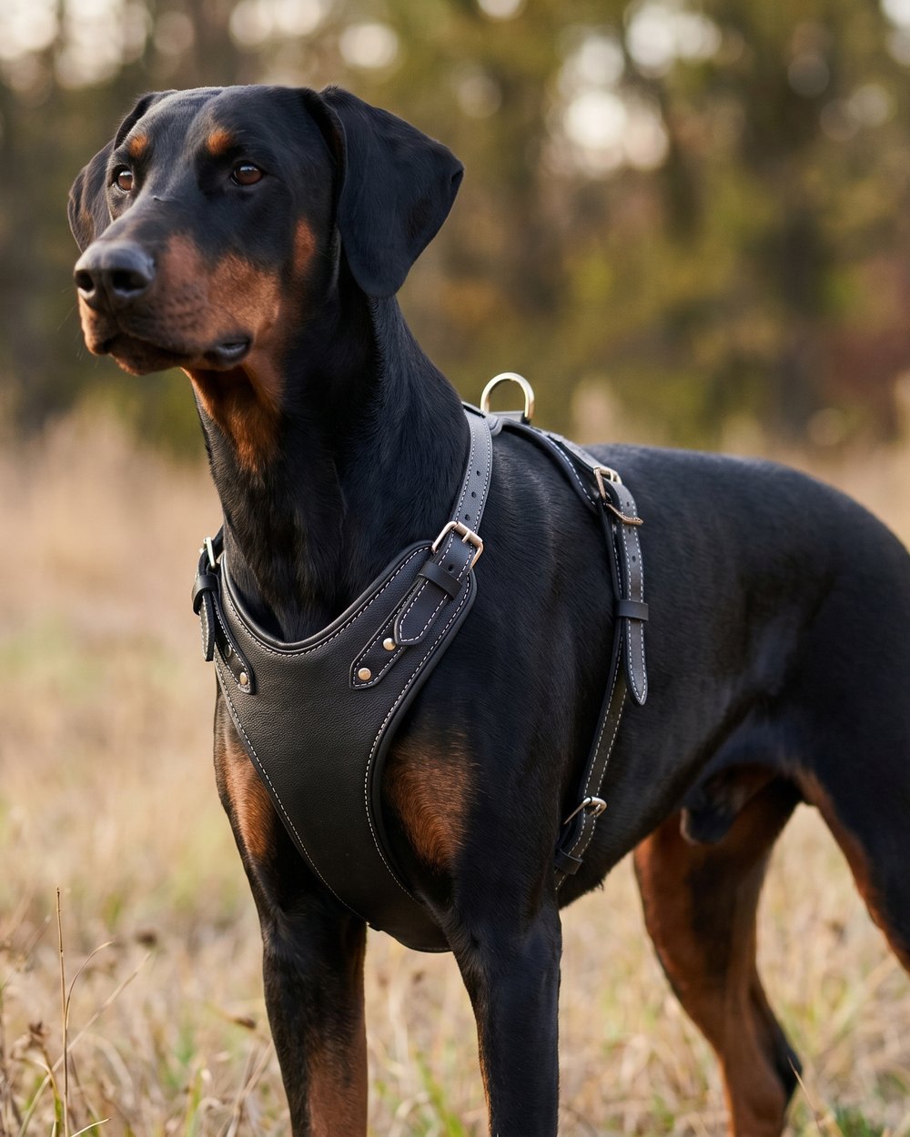 Doberman wearing a NMCEE black PU-leather dog harness with brass hardware