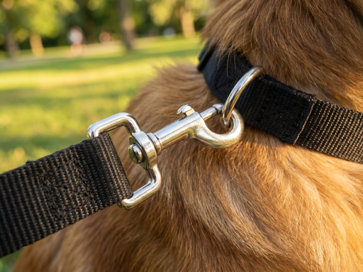 Close-up of leash bolt-snap hook clipped to a collar D-ring