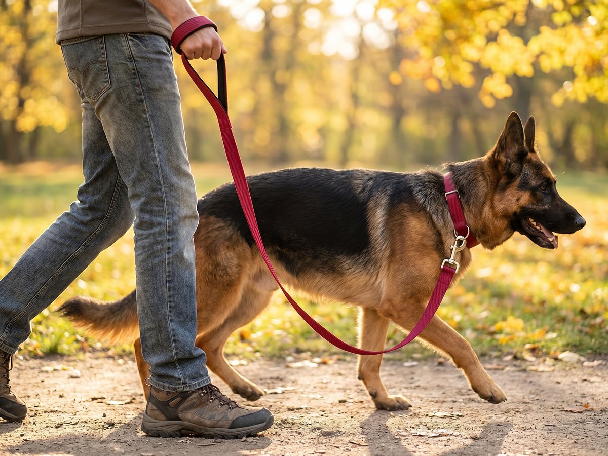 Cherry-red nylon leash on a German Shepherd