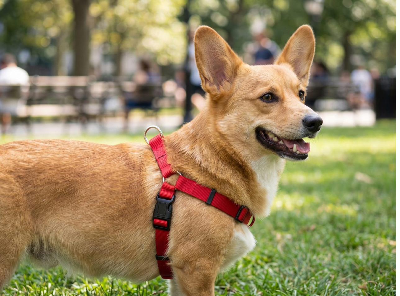 Herringbone webbing pet harness with rose-gold hardware